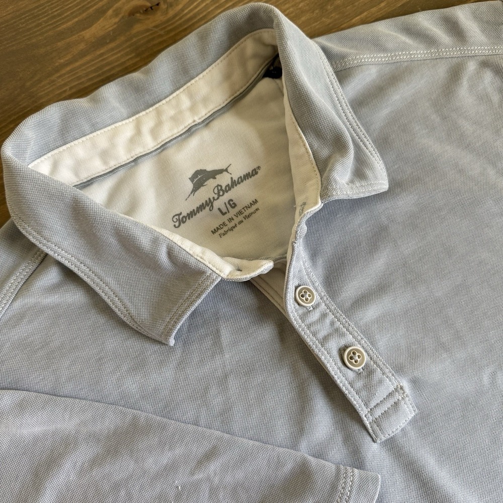 Tommy‎ Bahama Men's Large Light Gray Short Sleeve Polo Collar Shirt Logo Golf
